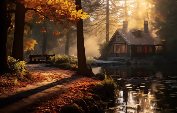Autumn, forest, the sun, light, trees, fog, house, Park