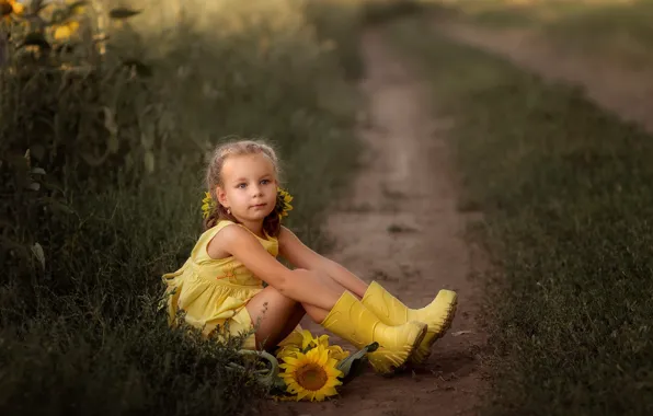 Picture road, field, summer, sunflowers, flowers, nature, boots, dress