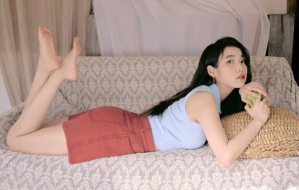 Picture K-Pop, Laying Down, Blue Shirt, Pillow, Couch, Barefoot, Food, Fruits