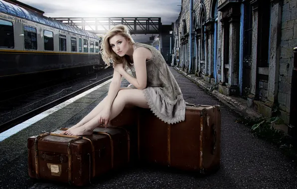 Girl, station, suitcases, Laura