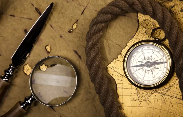 Map, magnifier, compass, rope, stiletto