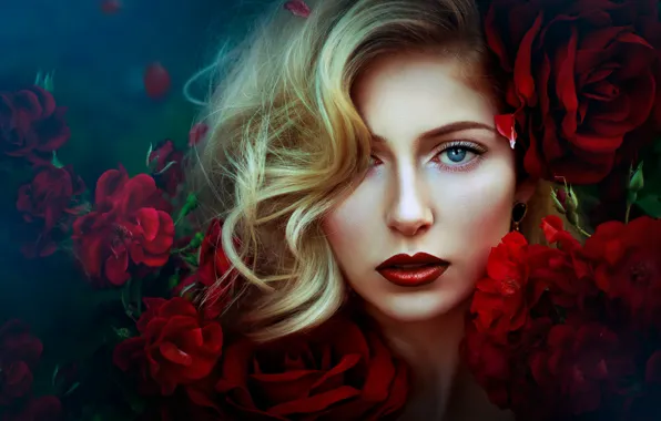Picture look, girl, flowers, face, hair, roses, makeup, lips