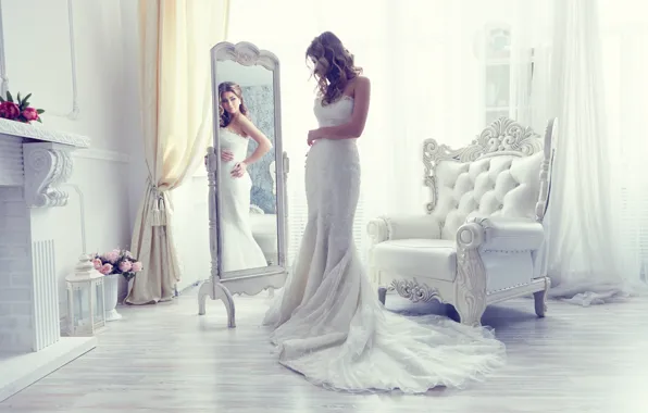 Style, reflection, chair, dress, mirror, the bride, wedding dress