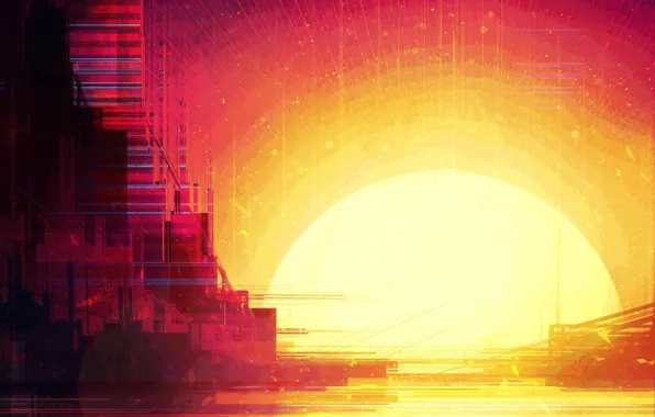 Sunset, The sun, The city, Style, City, Fantasy, Landscape, Art