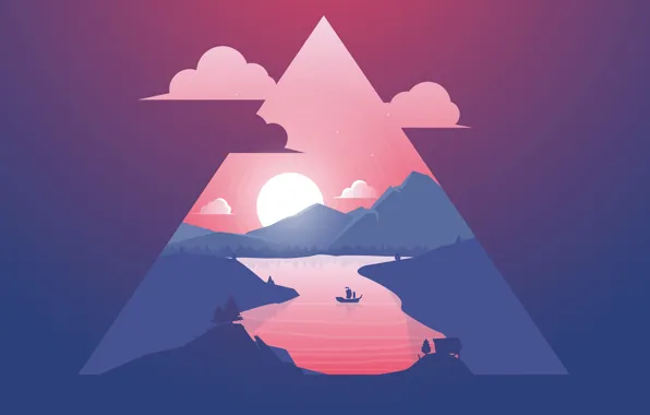 Sunset, The sun, Minimalism, River, Ship, Silhouette, Triangle