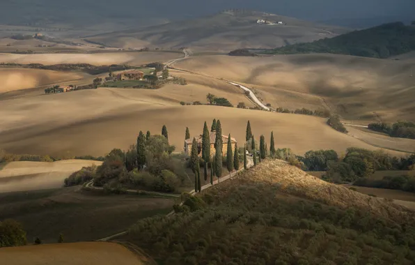 Road, home, valley, Italy, Val d'orcia