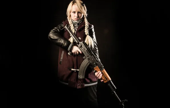 Girl, weapons, background, jacket, machine, Kalashnikov, braids, AKMCY