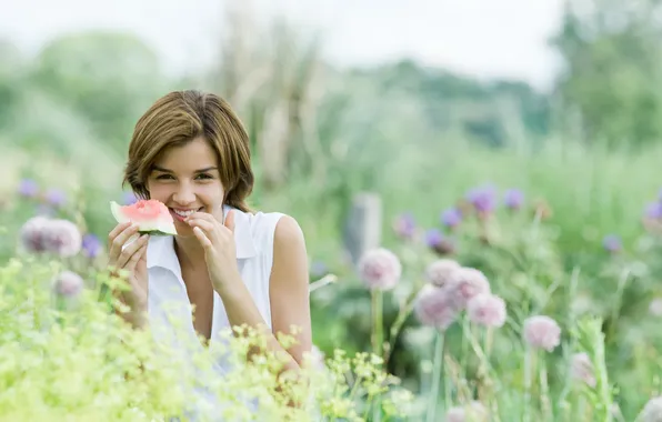 Grass, girl, smile, watermelon