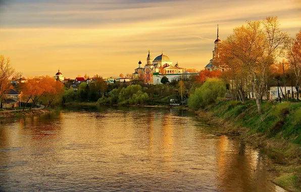 Autumn, sunset, reflection, river, the evening, Tver oblast, Torzhok