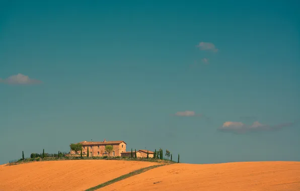 Field, autumn, the sky, clouds, house, hill, Italy, Tuscany