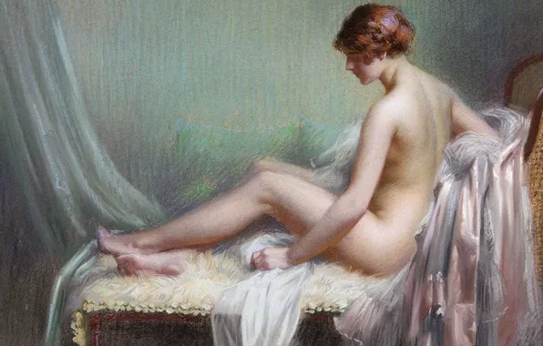 Pastel, Delphin Enjolras, ladies have a night light, Nude woman, lying on the sofa