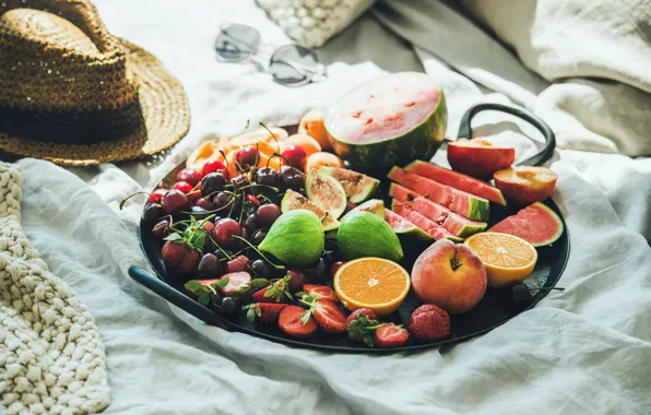 Cherry, berries, table, oranges, hat, watermelon, strawberry, glasses