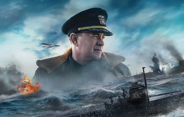 Sea, explosions, ships, battle, captain, the plane, poster, cap
