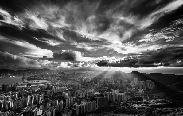 Clouds, dawn, black and white, Hong Kong, neboskreby