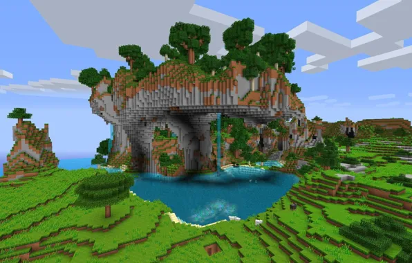 Mountains, tree, waterfall, minecraft