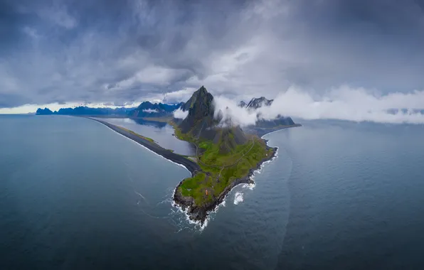 Sea, the sky, clouds, mountains, clouds, rocks, coast, Iceland