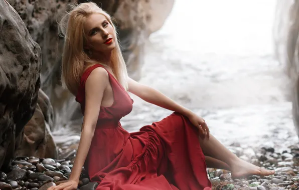Picture sea, look, girl, pose, pebbles, blonde, red dress, Oleg Kazakov