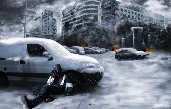 Picture snow, machine, the city, fire, smoke, ruins, Romance of the Apocalypse, Romantically apocalyptic