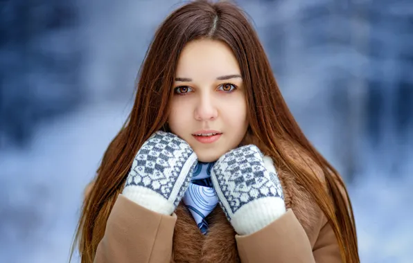 Look, girl, face, background, portrait, long hair, mittens, Luda