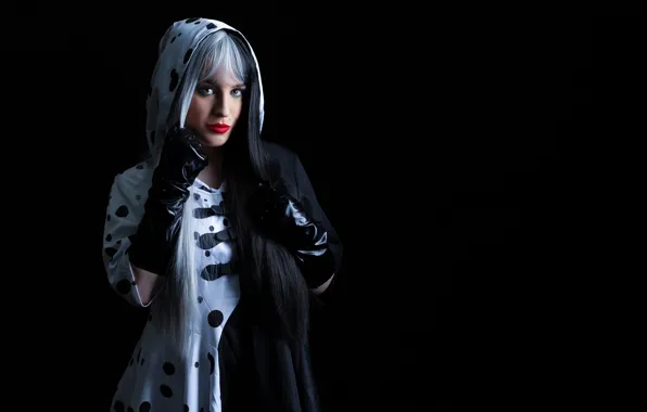 Picture look, hair, gloves, black background, Cruella