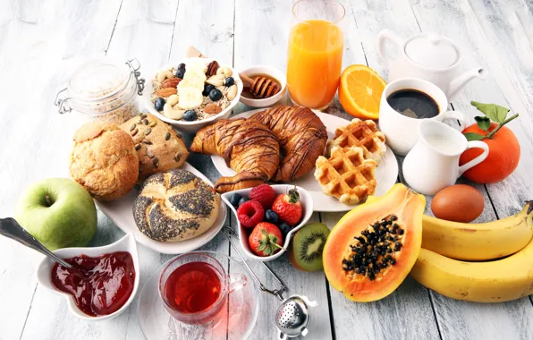 Picture berries, tea, coffee, Breakfast, milk, juice, fruit, honey