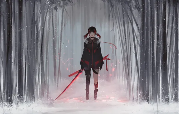 Picture Girl, Winter, Style, Snow, Fiction, Jun, Sword, Forest