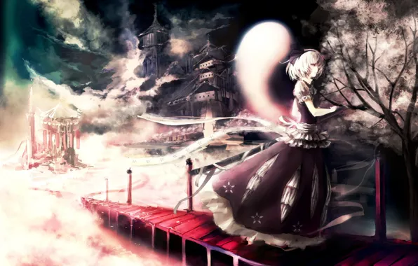 Picture girl, bridge, Sakura, touhou, art, Konpaku Youmu, sword weapon, iori