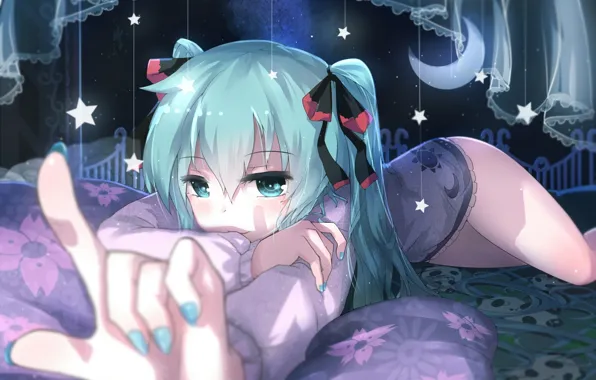 Look, girl, smile, bed, lies, vocaloid, hatsune miku, gesture