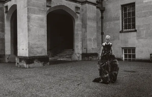 Picture photo, castle, dress, actress, hairstyle, yard, blonde, black and white