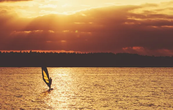 The sun, clouds, lake, reflection, mirror, Windsurfing, windsurfer