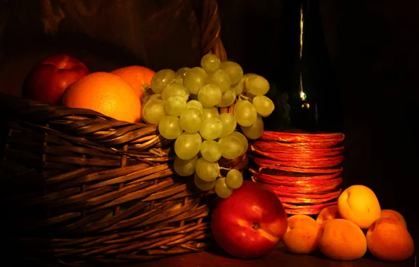 Picture bottle, grapes, fruit, peaches, apricots