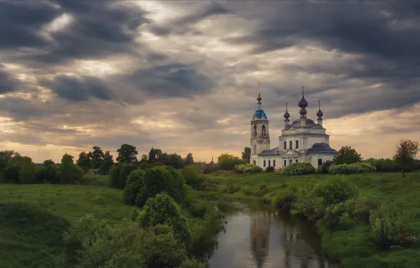 The sky, landscape, clouds, nature, Church, Bank, river, Agoranov Alex