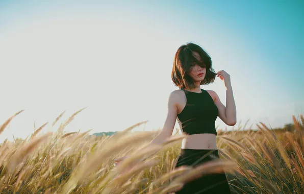 Field, the sky, girl, haircut, brunette, horizon, Asian, beautiful