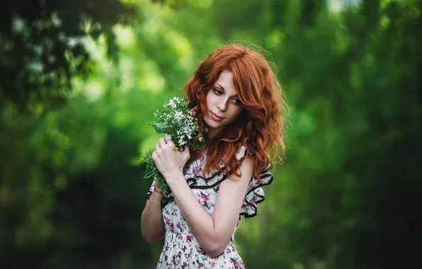 Picture greens, forest, girl, flowers, nature, mood, bouquet, dress