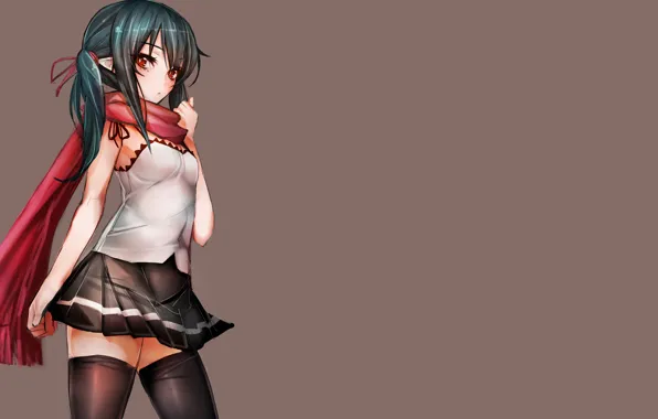 Girl, skirt, minimalism, stockings, anime, scarf, red eyes, green hair