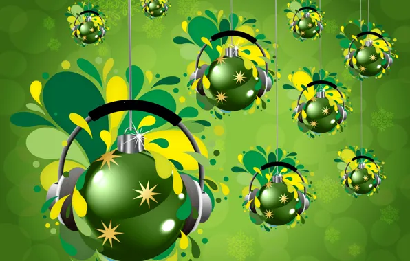 Balls, headphones, Christmas decorations