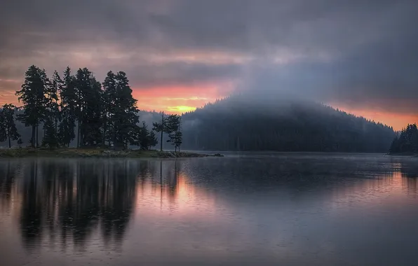 Trees, lake, mountain, beauty, morning, haze, Gerchev Nikolay