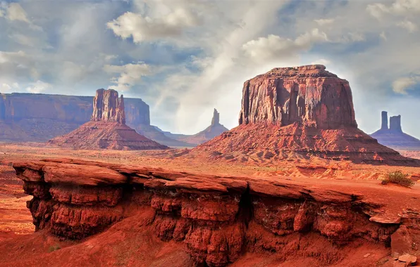 The sky, clouds, mountains, rocks, desert, haze, USA, Monument Valley