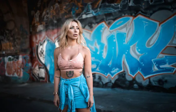 Picture sexy, wall, graffiti, model, skirt, makeup, tattoo, hairstyle