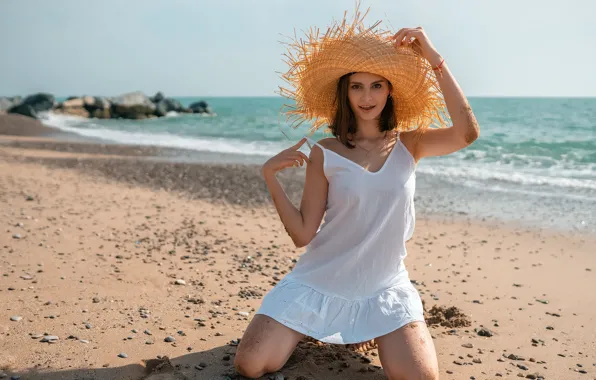 Picture sea, girl, nature, pose, stones, shore, hat, dress