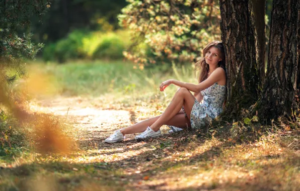 Look, girl, trees, nature, pose, sneakers, beautiful, bokeh