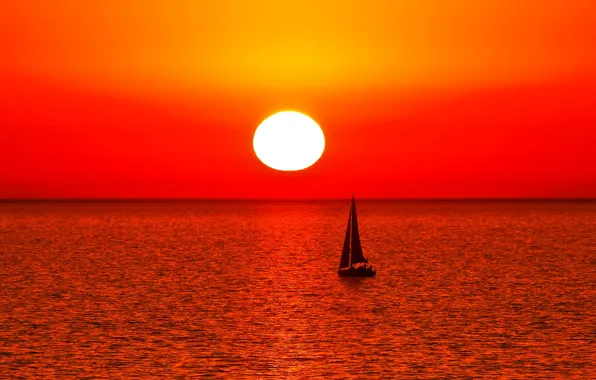 Sea, the sky, the sun, sunset, boat, sail