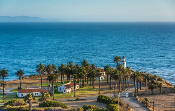 Picture sea, the sky, the sun, palm trees, coast, lighthouse, horizon, CA
