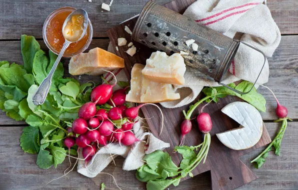 Cheese, still life, jam, radishes, grater