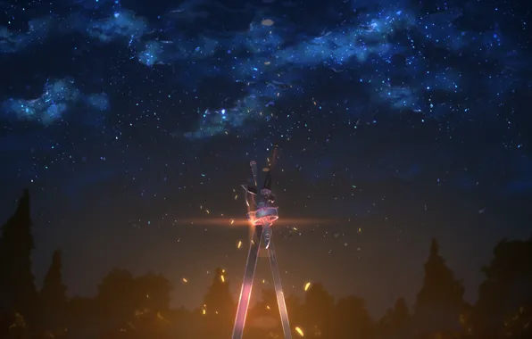 The sky, trees, night, weapons, art, swords, Sword art online, Sword Art Online