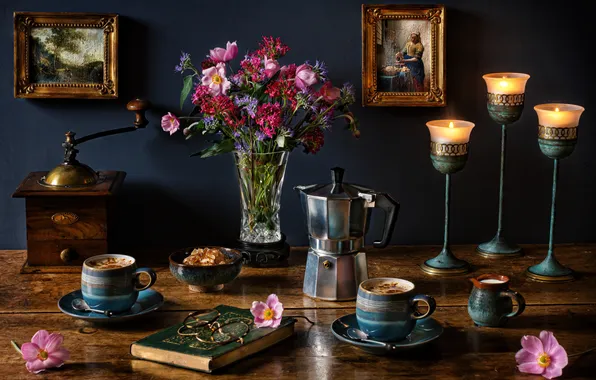 Flowers, style, bouquet, candles, Cup, pictures, book, vase