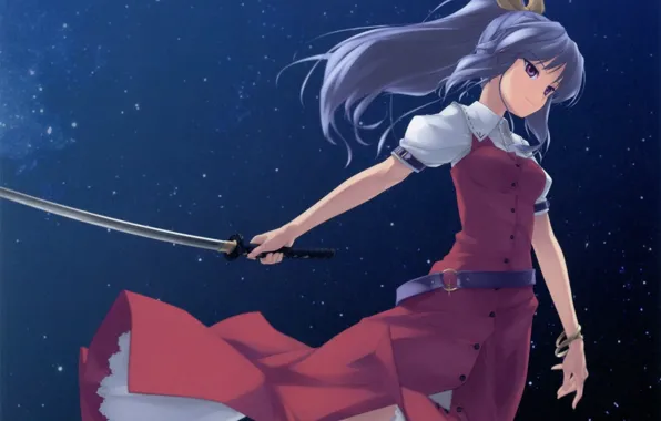 Katana, long hair, touhou, art, starry sky, Touhou Project, Project East, Watatsuki no Yorihime