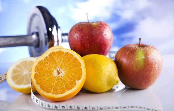 Picture fruit, apples, dumbbells, healthy food