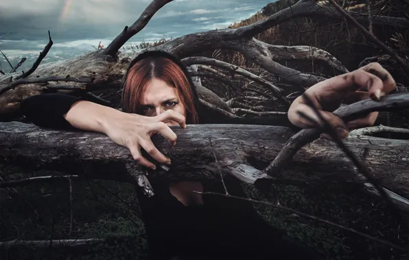 Girl, tree, windbreak, branches, Burned