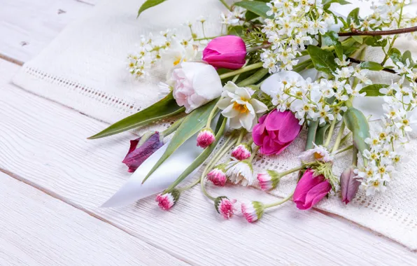 Flowers, bouquet, spring, colorful, tape, buds, wood, pink